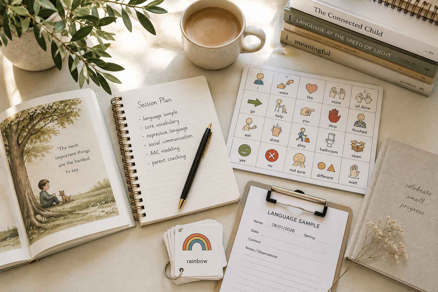 Speech-language pathology workspace with an AAC communication board, children's book, session-planning notebook, language-sample materials, and coffee.